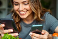 Uma pessoa sorridente usando um smartphone para registrar sua refeição saudável em um aplicativo de contagem de calorias, com uma salada colorida na mesa.