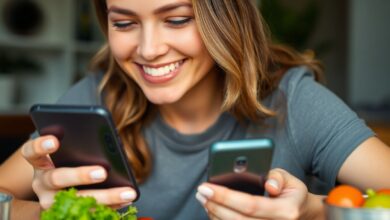 Uma pessoa sorridente usando um smartphone para registrar sua refeição saudável em um aplicativo de contagem de calorias, com uma salada colorida na mesa.