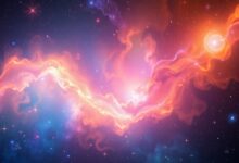 Uma representação artística de uma nebulosa colorida com estrelas brilhantes e galáxias distantes, simbolizando os mistérios do universo.