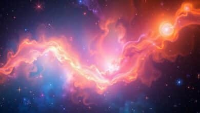 Uma representação artística de uma nebulosa colorida com estrelas brilhantes e galáxias distantes, simbolizando os mistérios do universo.