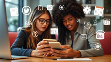 Várias pessoas utilizando aplicativos de listas de tarefas em seus smartphones e computadores, rodeados por calendários, alarmes e ícones de produtividade