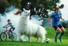 Uma montagem colorida de atletas participando de esportes inusitados como carregar esposa, futebol sobre lama e uma corrida de queijo em uma colina verde