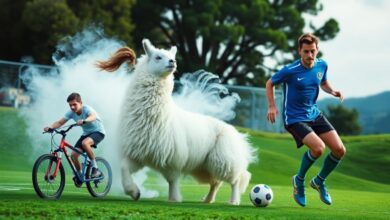 Uma montagem colorida de atletas participando de esportes inusitados como carregar esposa, futebol sobre lama e uma corrida de queijo em uma colina verde