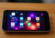 Uma tela de smartphone exibindo vários ícones de aplicativos de IA com um fundo futurista e brilhante