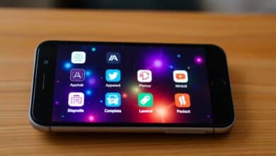 Uma tela de smartphone exibindo vários ícones de aplicativos de IA com um fundo futurista e brilhante