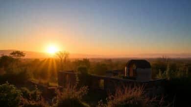 Ruínas antigas de uma cidade perdida envolta em névoa e vegetação, com o sol nascendo ao fundo