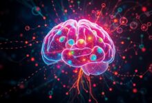 Ilustração criativa do cérebro humano em destaque, com cores vibrantes e detalhes anatômicos, trazendo elementos de ciência e tecnologia.