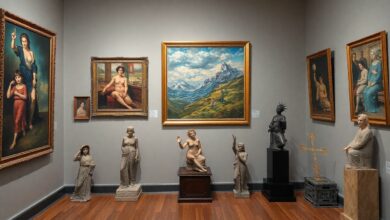 Pinturas e esculturas de diferentes períodos artísticos exibidas em uma galeria, representando a diversidade dos movimentos artísticos