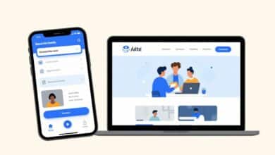 Ilustração representando a criação de sites por meio de aplicativo móvel, mostrando uma interface intuitiva com celular e tablet