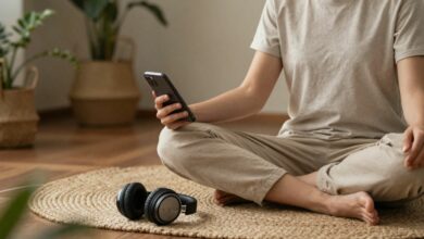 Pessoa relaxando em posição de meditação com um smartphone na mão e fones de ouvido, rodeada por elementos naturais e uma sensação de tranquilidade
