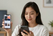 Pessoa organizando músicas no celular usando diferentes aplicativos de gerenciamento musical em um ambiente moderno