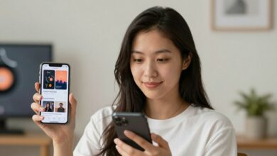 Pessoa organizando músicas no celular usando diferentes aplicativos de gerenciamento musical em um ambiente moderno