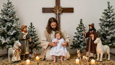 Cena clássica do nascimento de Jesus em um presépio com luzes e decoração natalina