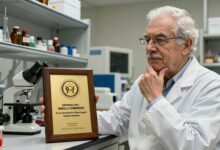 Cientista pensativo segurando um prêmio Nobel, em um ambiente de laboratório moderno