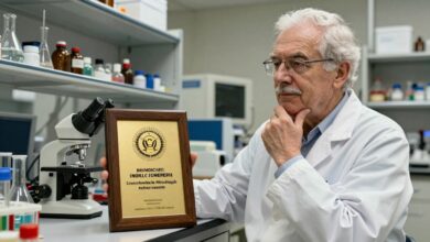 Cientista pensativo segurando um prêmio Nobel, em um ambiente de laboratório moderno