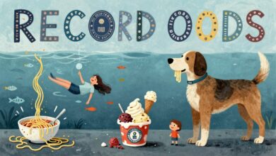 Capa ilustrando recordes mundiais inusitados, com elementos divertidos e objetos curiosos