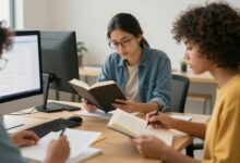 Pessoas lendo e escrevendo em plataformas digitais, representando criatividade e troca de ideias inspiradoras