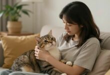 Gato doméstico de pelo curto ronronando enquanto é acariciado, em ambiente confortável e aconchegante