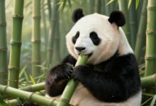 Ilustração realista de um panda gigante em seu habitat natural, cercado por bambus verdes, com uma expressão curiosa e ambiente iluminado por luz suave