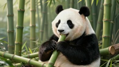 Ilustração realista de um panda gigante em seu habitat natural, cercado por bambus verdes, com uma expressão curiosa e ambiente iluminado por luz suave