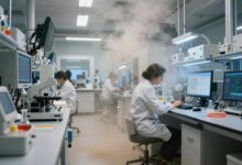 Polvo explorando um laboratório futurista, cercado de dispositivos tecnológicos e ferramentas humanas