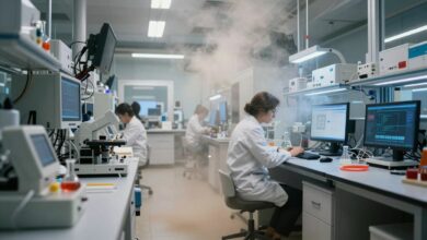 Polvo explorando um laboratório futurista, cercado de dispositivos tecnológicos e ferramentas humanas