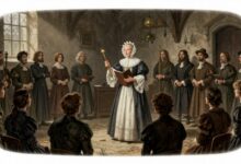 Ilustração de uma cena histórica de julgamento de bruxas, com multidão e ambiente sombrio