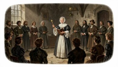 Ilustração de uma cena histórica de julgamento de bruxas, com multidão e ambiente sombrio