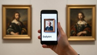 Pessoa segurando um smartphone com a tela do DailyArt aberta e ao fundo quadros de arte renomados
