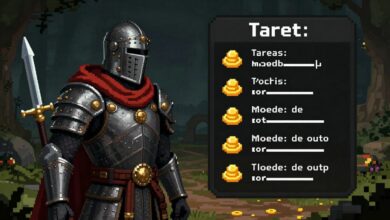 Um herói de pixel art em armadura medieval olhando para uma lista de tarefas que se transforma em um caminho de aventura, com ícones de moedas de ouro e espadas.