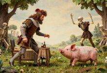 Uma montagem surrealista com elementos medievais, como um cavaleiro julgando um porco em um tribunal, sapatos pontudos crescendo como plantas e esqueletos dançando, representando os fatos estranhos da Idade Média.