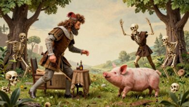 Uma montagem surrealista com elementos medievais, como um cavaleiro julgando um porco em um tribunal, sapatos pontudos crescendo como plantas e esqueletos dançando, representando os fatos estranhos da Idade Média.