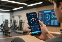 Um atleta focado consultando o aplicativo GymRats em seu smartphone dentro de uma academia moderna, com gráficos de desempenho sobrepostos à imagem.