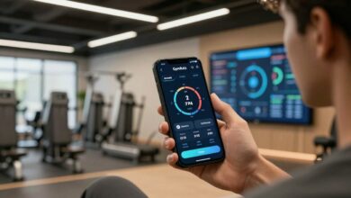 Um atleta focado consultando o aplicativo GymRats em seu smartphone dentro de uma academia moderna, com gráficos de desempenho sobrepostos à imagem.