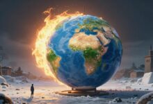 Uma visão dramática do planeta Terra parado, com um lado em chamas sob o sol e o outro congelado na escuridão.