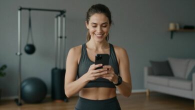 Uma pessoa sorridente usando um smartphone para acompanhar seu treino em uma sala de estar bem iluminada, com equipamentos de ginástica ao fundo.