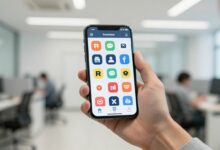 A person's hand holding a smartphone displaying various sales and e-commerce app icons, with a blurred background of a modern office.