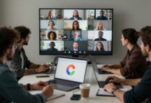 Uma equipe diversificada colaborando em uma reunião online em uma tela de laptop, com ícones de aplicativos de videoconferência flutuando ao redor.