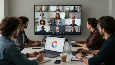 Uma equipe diversificada colaborando em uma reunião online em uma tela de laptop, com ícones de aplicativos de videoconferência flutuando ao redor.