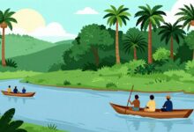 Uma ilustração dramática de um OVNI brilhante pairando sobre o rio Amazonas à noite, com as silhuetas de barcos de pesca e da floresta tropical ao fundo, evocando o mistério da Operação Prato.