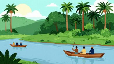 Uma ilustração dramática de um OVNI brilhante pairando sobre o rio Amazonas à noite, com as silhuetas de barcos de pesca e da floresta tropical ao fundo, evocando o mistério da Operação Prato.