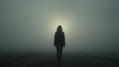 Uma silhueta de uma pessoa caminhando em uma estrada nebulosa e deserta, simbolizando o mistério dos desaparecimentos.