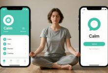 Uma pessoa sentada em uma posição de lótus, meditando pacificamente em um ambiente sereno com um smartphone ao lado exibindo a interface do aplicativo Calm.