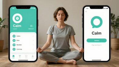 Uma pessoa sentada em uma posição de lótus, meditando pacificamente em um ambiente sereno com um smartphone ao lado exibindo a interface do aplicativo Calm.