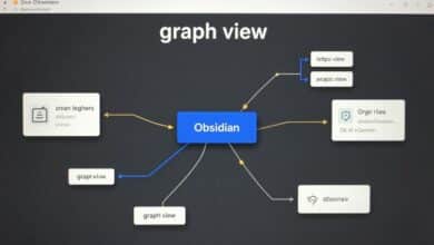 Uma visualização estilizada da 'graph view' do aplicativo Obsidian, mostrando uma rede de notas interconectadas com um fundo escuro e linhas brilhantes.