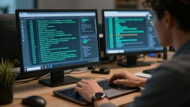 Um escritor trabalhando em um laptop moderno, com sobreposições gráficas de inteligência artificial e texto sendo gerado automaticamente na tela, simbolizando a colaboração entre humano e IA.