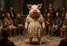 Uma pintura em estilo medieval de um porco vestido com roupas humanas, em pé diante de um juiz em um tribunal de madeira escura, com uma multidão curiosa ao fundo.