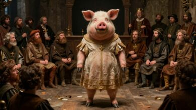 Uma pintura em estilo medieval de um porco vestido com roupas humanas, em pé diante de um juiz em um tribunal de madeira escura, com uma multidão curiosa ao fundo.
