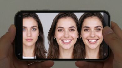 Uma mulher sorrindo segura um smartphone exibindo uma foto sendo editada com o aplicativo Facetune, mostrando a interface de retoque facial.