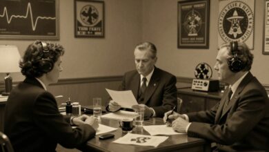 Uma colagem de imagens estilizadas representando controle mental, com silhuetas, ondas cerebrais e símbolos da CIA, em um estilo vintage da Guerra Fria.